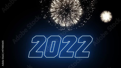 Happy New Year 2022. Firework 2022 happy New Year dark night sky background with decoration with a neon number on black background. 2022 Written with 0 as a firework beautiful New Year animation.
