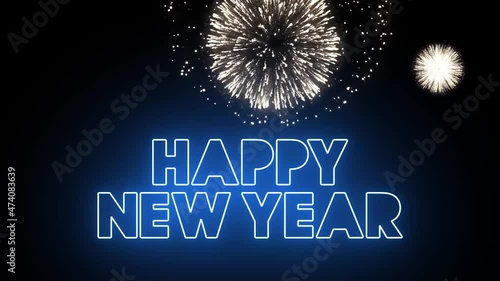 Happy New Year. Beautiful golden Fireworks Shiny with Happy New Year text Display at Night Loop Background. New Year celebration video.