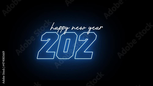 The 2022 year. Neon sign on a black background with colorful fireworks. 2022 text generated from light neon lines. 4K ProRes animation.