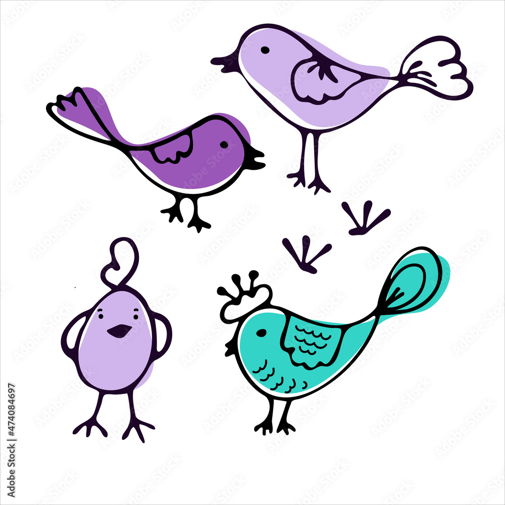 Set cute linear spring doodle birds