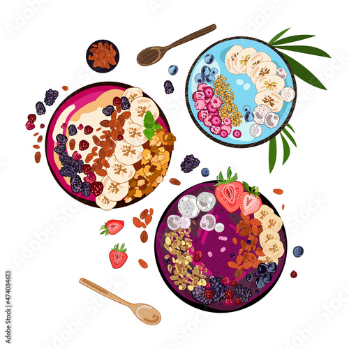 Healthy breakfast Smoothie bowls with fruit toppings.Vector set Smoothie bowl acai,banana,berries, nuts,spirulina,dragon fruit and granola,isolated on a white background.Healthy summer food.Hand drawn