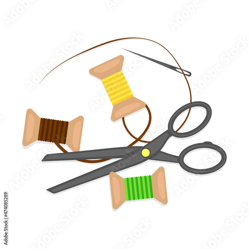 vector illustration set of accessories for sewing and needlework: scissors, spools of thread and a needle. isolated on white background