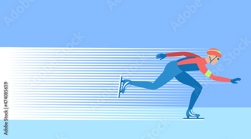 Winter sport games. Speed skating. The skater moves with high speed on the ice rink.