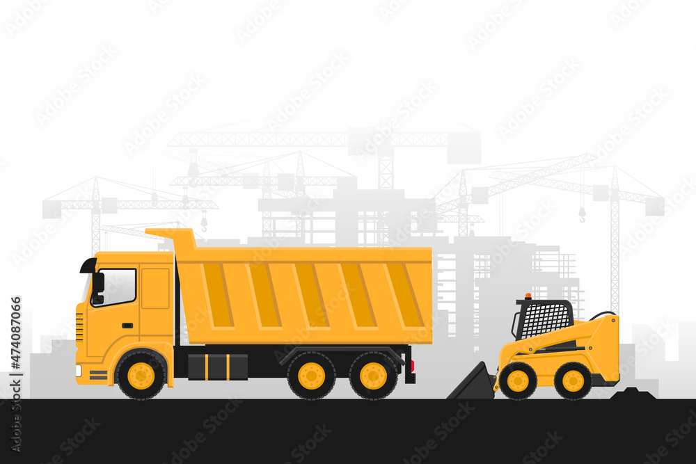 Background construction work with heavy machinery of skid steers and trucks on gray background