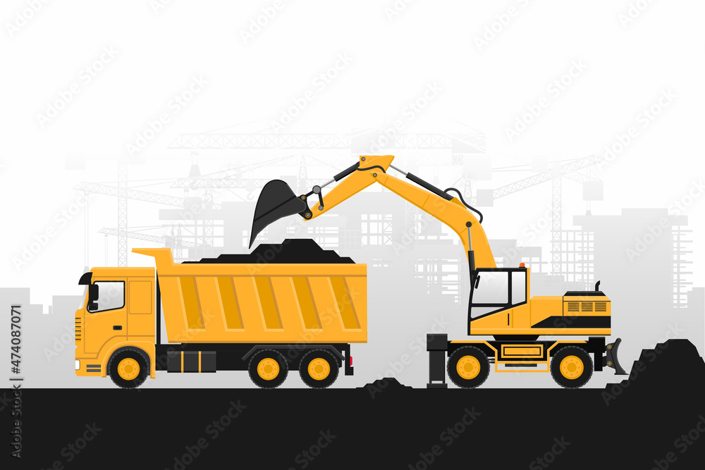 Background of heavy machinery of wheeled excavator filling with construction materials a truck on gray background