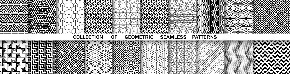 Geometric set of seamless black and white patterns. Simple vector graphics