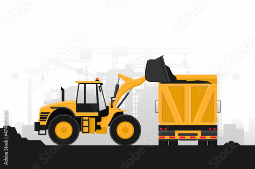 Background of heavy machinery in construction work with front loader and truck with rear view on gray background
