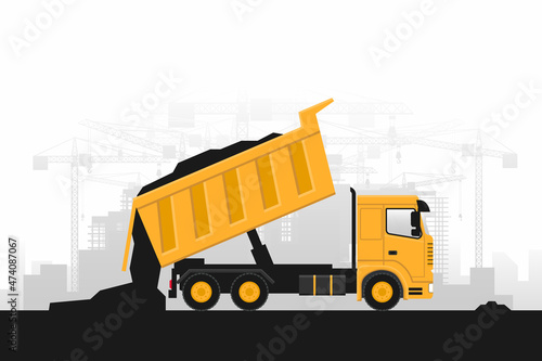 Fondo de maquinaria pesada con camiones de descarga de materiales para trabajos de construcción.