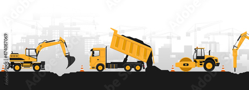 Panoramic view of construction work with yellow heavy duty machinery of hammer excavator, wheel excavator, truck and safety cone