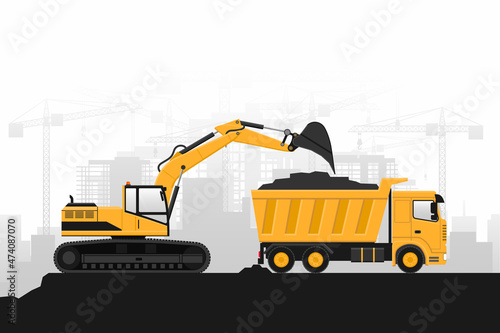 Building construction with heavy machinery, wheel excavator filling a truck on gray background