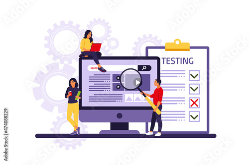 People testing software fixing bugs in hardware device. Application test and IT service concept. Vector illustration. Flat