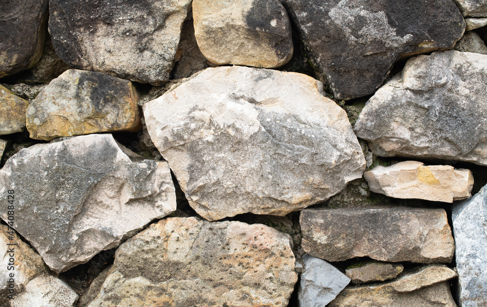 Old rock wall textured background, close up.