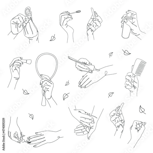 Collection. Silhouettes of human hands. Makeup, lipstick, mascara, earrings, powder, blush, comb, cream and mirror in a modern one line style. Sketches for stickers, logo. Vector illustration set.