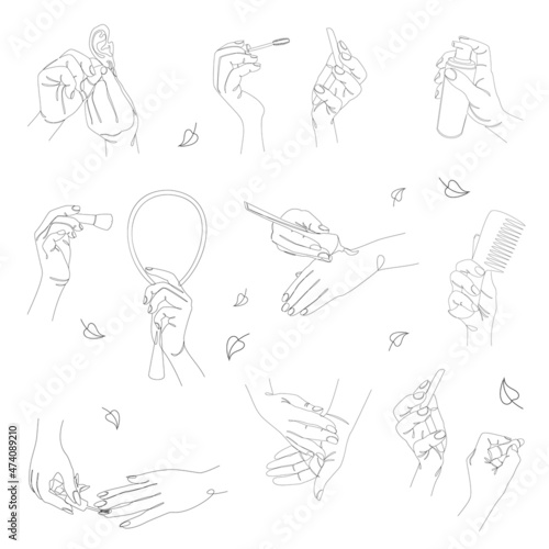 Collection. Silhouettes of human hands. Makeup, lipstick, mascara, earrings, powder, blush, comb, cream and mirror in a modern one line style. Sketches for stickers, logo. Vector illustration set.