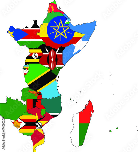 vector illustration of Map of countries of East region of Africa with national flag