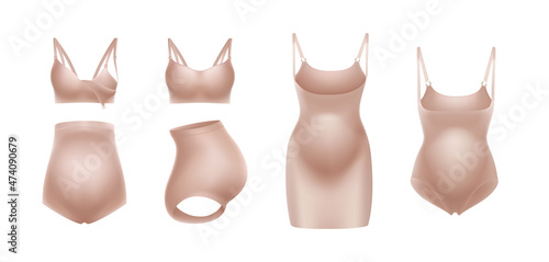 Shapewear for pregnancy and maternity realistic vector lingerie set. Mother belly care. maternity seamless underwear shaping nourishment support Breath feeding bra Motherhood Stretch marks preventing 