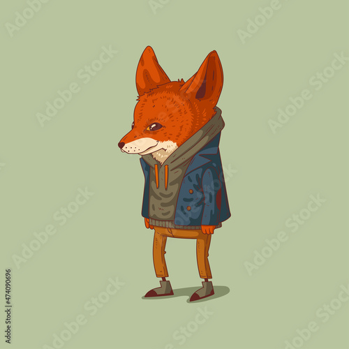 Cartoon vector illustration of humanized hipster fox. Calm fennec wearing a hoody and a jacket standing still against neutral background. Anthropomorphic fox. Animal character with human body