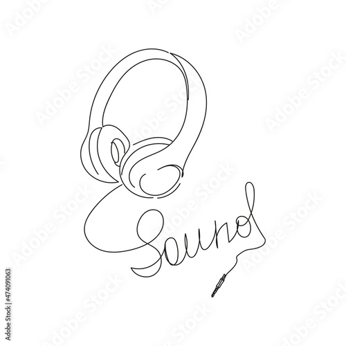 Headphones and sound sign, music symbol in line art style. Black linear sketch isolated on white background. 