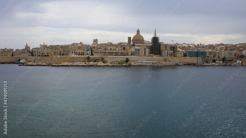 Port of Valletta with the St. Pauls Cathedral in a background