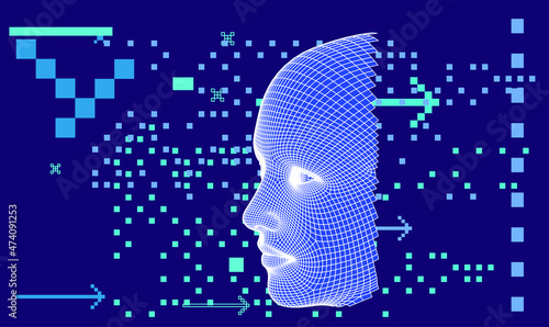 3D low poly wireframe model of a human head made of triangular pieces. Concept illustration of Artificial intelligence and Neural Network.