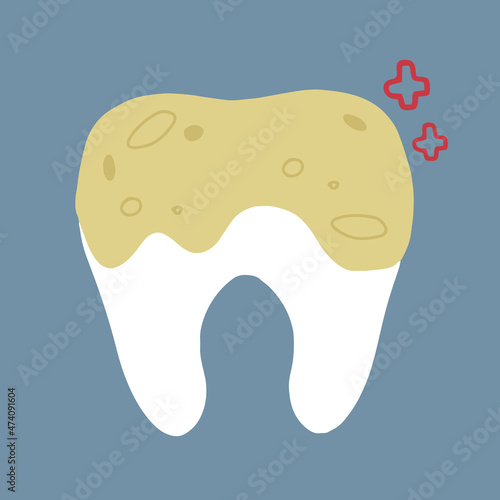 Vector illustration of a diseased tooth with caries on a blue background. Immediately requires treatment. Design for printing postcards, posters, posters, website design, brochures, stickers.