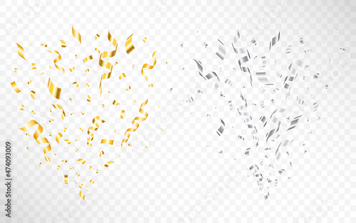 Confetti explosion set. Golden burst with glitter. Silver serpentine with decoration elements. Festive flying ribbon collection. Anniversary template on transparent backdrop. Vector illustration