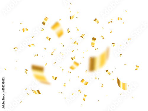 Gold confetti burst isolated on white background. Defocused confetti pieces and particles. Realistic anniversary concept. Bright festive elements with glitter. Vector illustration