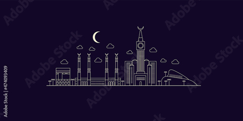 Mecca city flat illustration. Mecca holiday travel line drawing. Modern lineart Mecca illustration. Hand sketched poster, banner, postcard, card template for travel company, T-shirt, shirt. Vector EPS