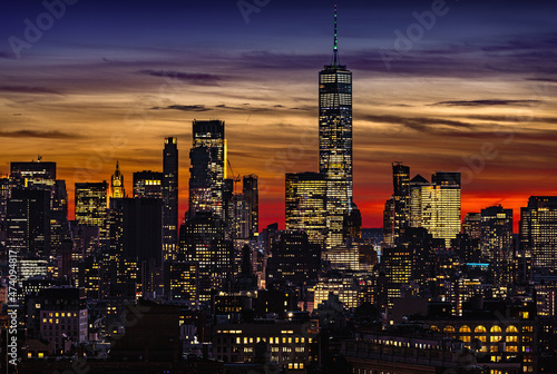 View of Lower Manhattan with Freedom tower at sunset