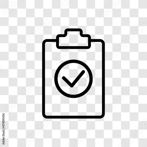 Thin line clipboard icon. Checklist approval worksheet symbol. Vector illustration isolated on transparent background.