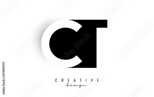 Letters CT Logo with black and white negative space design. Letters C and T with geometric typography.