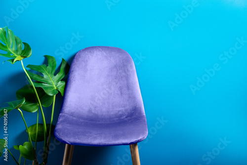 Modern Blue Velour Chair on wooden legs