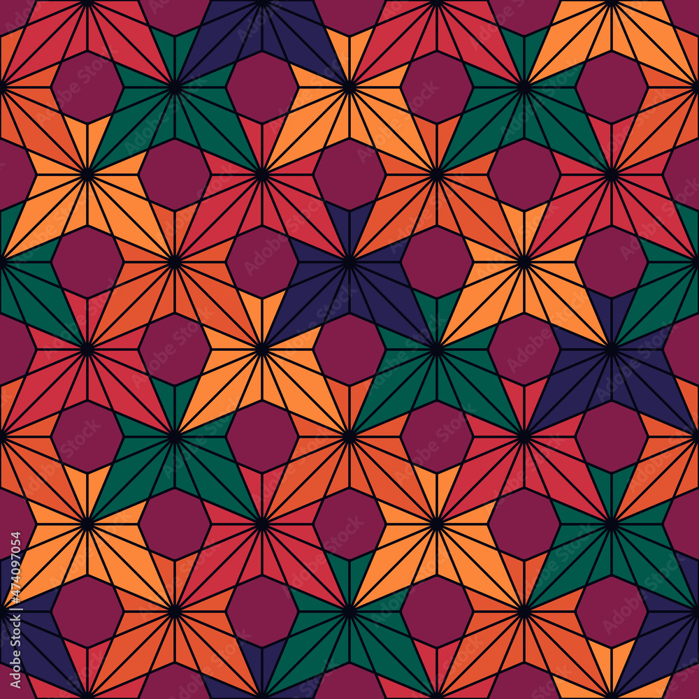 Seamless surface pattern. Bright maple leaves. Repeated triangles, octagons, orchid flowers. Floral abstract background. Traditional japanese asanoha motif. Colorful digital paper, textile print.