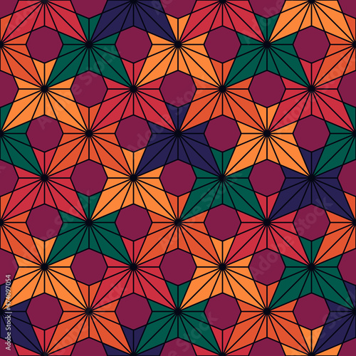 Seamless surface pattern. Bright maple leaves. Repeated triangles, octagons, orchid flowers. Floral abstract background. Traditional japanese asanoha motif. Colorful digital paper, textile print.