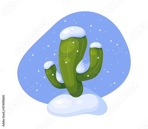 Cactus covered with snow. Landscape element during abnormal cold snap. Vector colorful cartoon illustration isolated on white background