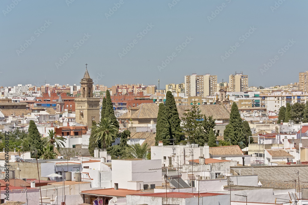 Aerial view on downtown seville, Spain, with typical white painted houses and church towers 
