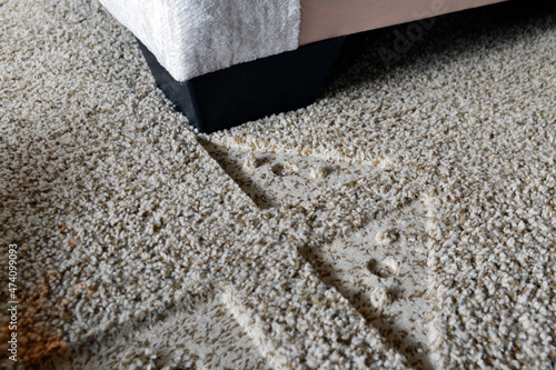 Indentations from furniture in beige carpet in living room