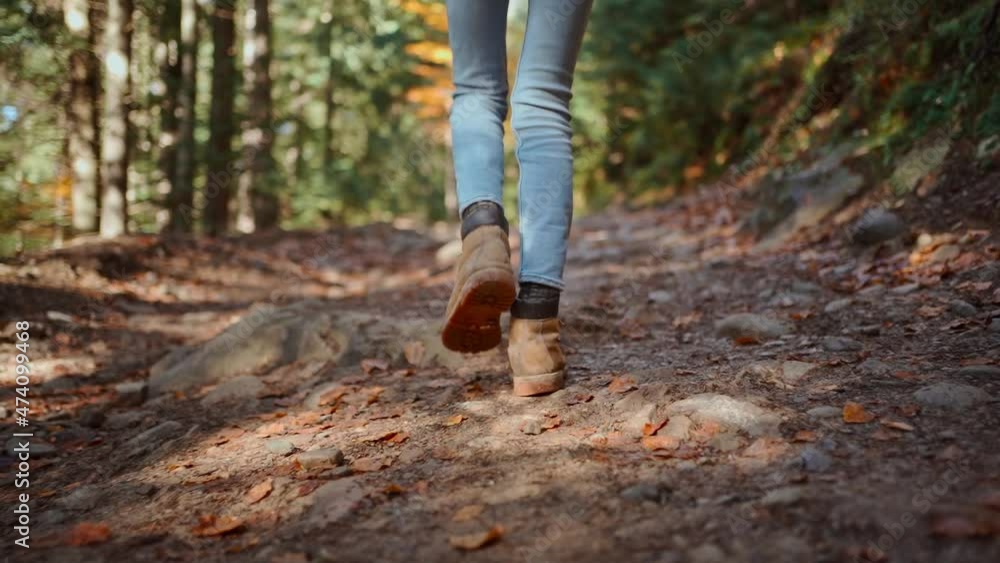 slow motion Woman hiker backpacker in jeans and vintage yellow hiking boots walks along rough trail in green autumn wood. female hiking in forest at cold sunny morning, adventure outdoor lifestyle. slow motion Woman hiker backpacker in jeans and vintage yellow hiking boots walks along rough trail in green autumn wood. female hiking in forest at cold sunny morning, adventure outdoor lifestyle.
