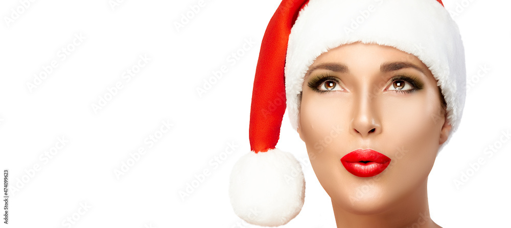 Christmas beauty panorama with beautiful woman in Santa Hat Christmas beauty panorama with beautiful woman in Santa Hat