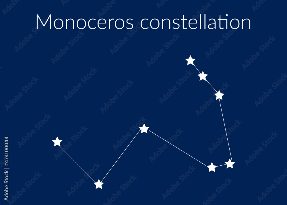 Monoceros zodiac constellation sign with stars on blue background of cosmic sky