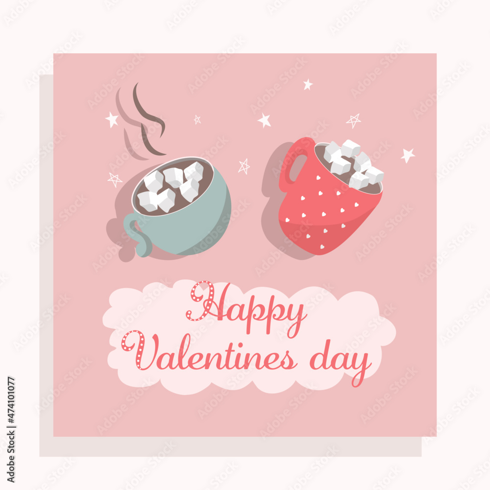 Postcard on a pink background for the holiday. Valentine's Day and Couples. Valentine's Day. Celebration. 2 cups. Stock Vector illustration. Minimalism. Cartoon.Cute design. Postcard on a pink background for the holiday. Valentine's Day and Couples. Valentine's Day. Celebration. 2 cups. Stock Vector illustration. Minimalism. Cartoon.Cute design.
