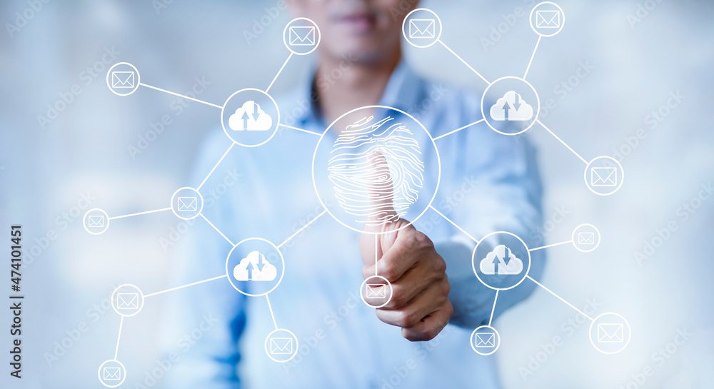 Man touching fingerprint of Cloud networking concept, touch screen with hand connection line on the White background, Cloud computing is system for sharing download and upload big data information