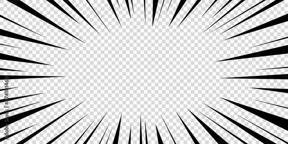 Obraz premium Speed lines as manga comic effect on transparent background. Cartoon anime action background. Vector illustration of blast motion effect or explosion frame. Flash ray blast glow