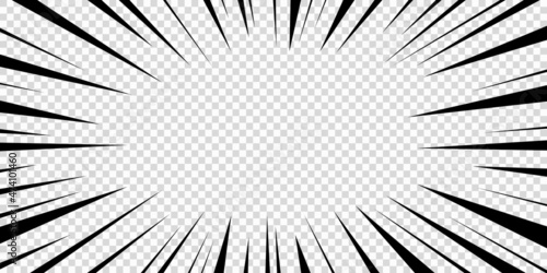 Speed lines as manga comic effect on transparent background. Cartoon anime action background. Vector illustration of blast motion effect or explosion frame. Flash ray blast glow