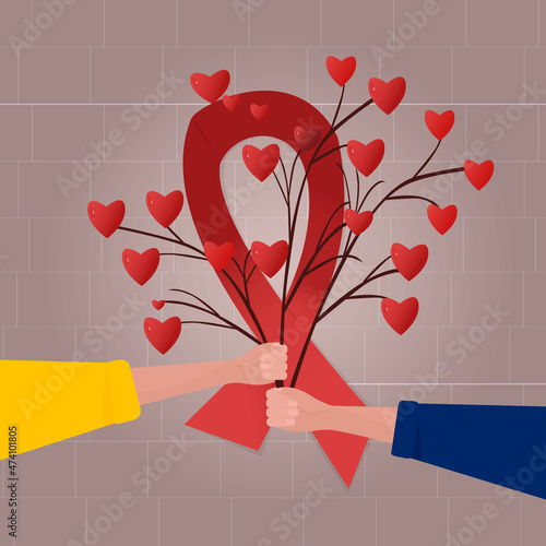 World AIDS Day. red ribbon and the hands holding the tree of hearts are fighting HIV, AIDS. Vector illustration in a flat style.