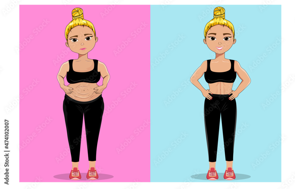 Girl before and after losing weight. Sport. Diet. Workout and fitness. Healthy lifestyle. Before and after the transformation. Excess weight. Stock Vector illustration. Character. Girl before and after losing weight. Sport. Diet. Workout and fitness. Healthy lifestyle. Before and after the transformation. Excess weight. Stock Vector illustration. Character.