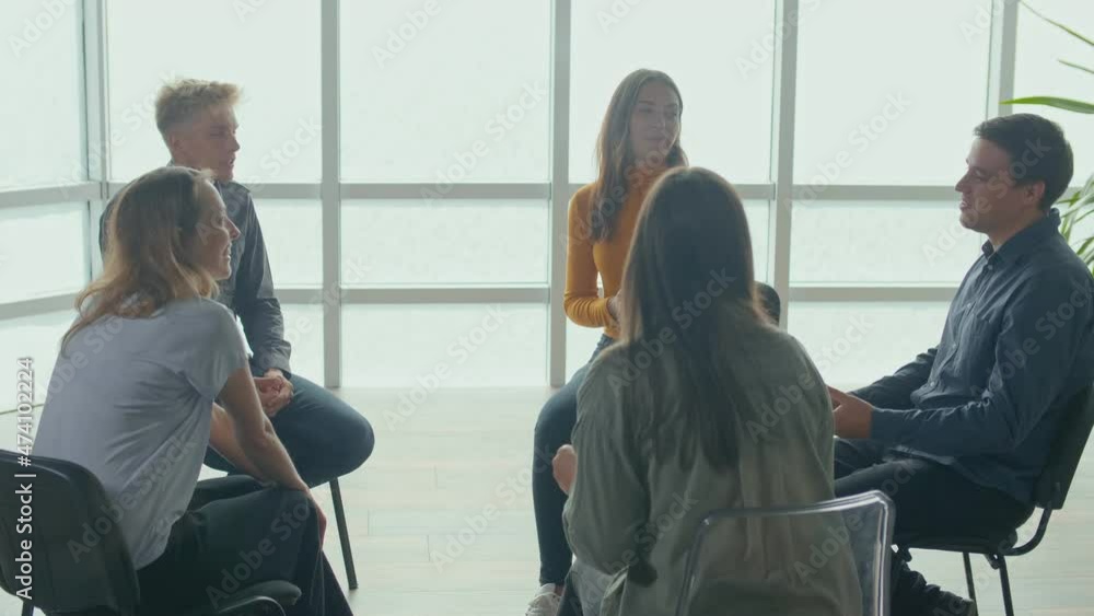 People Sitting in a Circle During a Group Therapy Session, Communicate, Talk About Their Problems, Supporting Each Other. Addiction, Depression, Emotional Pain. Assistance and Rehabilitation Concept. People Sitting in a Circle During a Group Therapy Session, Communicate, Talk About Their Problems, Supporting Each Other. Addiction, Depression, Emotional Pain. Assistance and Rehabilitation Concept.