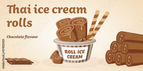 Vector banner of Thai fried ice cream rolls in a basket. Chocolate flavour. Landscape illustration template with a title. Brown vanilla colour. Melting ice cream rolls in a pyramid shape