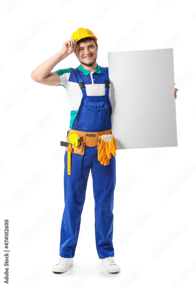 Male builder with blank poster on white background Male builder with blank poster on white background
