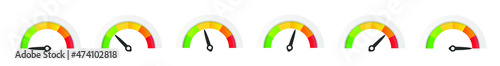 Color scale with arrow from red to green. The measuring device icons set. Sign tachometer, speedometer, indicators. Vector illustration